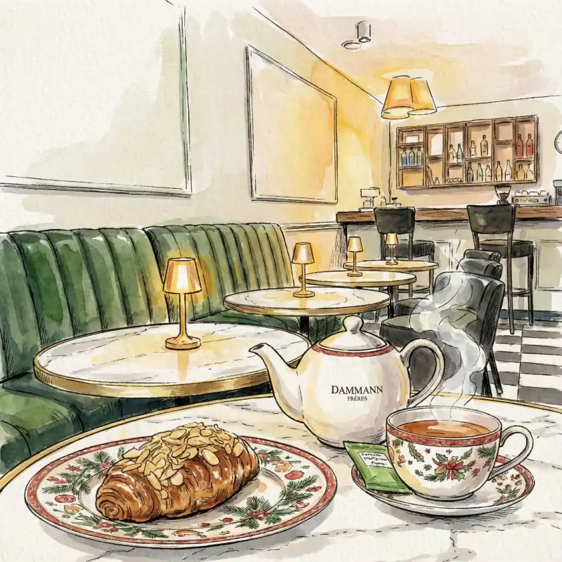 Petit Déjeuner à la française ☕🥐 Almond croissant and Dammann Frères tea.